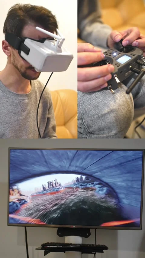 Collage of a video of a man playing a flight simulator on drones Stock Footage 234074846