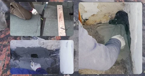 Collage video whit worker remove the deteriorated bituminous sheath attached  Vídeo Stock 168637379