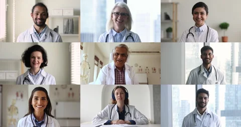 Collage view diverse doctors having virtual meeting to share opinions Stock Footage 265741163