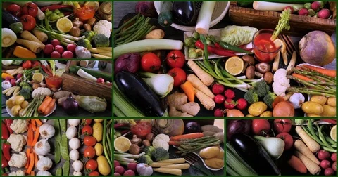 Collage of views of an assortment of fresh, healthy, organic vegetables Stock Footage 73485504