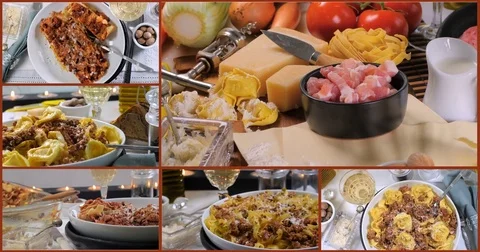 Collage of views of different kinds of Italian pasta with bolognese sauce Stock Footage 75781311
