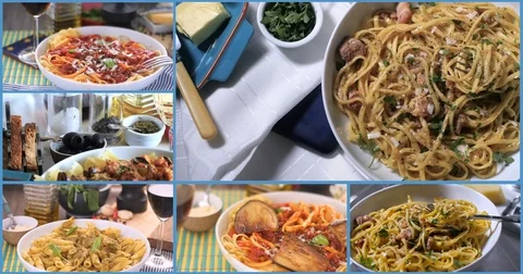 Collage of views of different varieties of italian pasta dishes Stock Footage 73140504