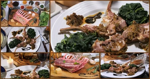 Collage of views of a rack of lamb with crusted mint sauce Stock Footage 75007981