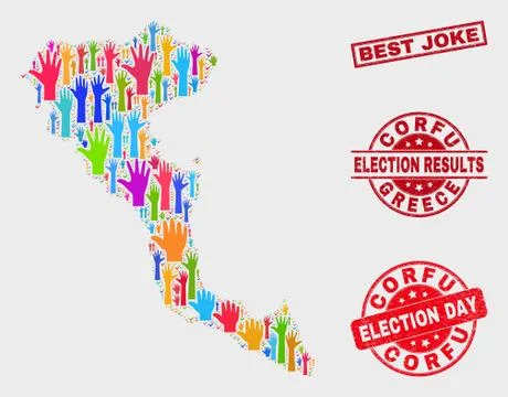 Collage of Voting Corfu Island Map and Scratched Best Joke Stamp Seal Stock Illustration