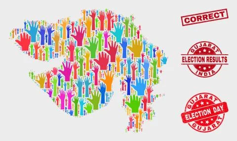 Collage of Voting Gujarat State Map and Distress Correct Stamp Seal Stock Illustration