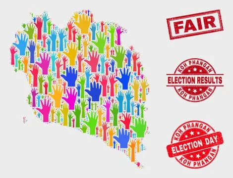 Collage of Voting Koh Phangan Map and Grunge Fair Stamp Seal Stock Illustration