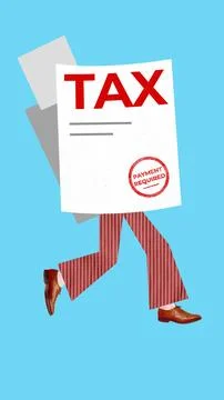 Collage of walking tax document in striped pants and brown shoes symbolizing Stock Photos