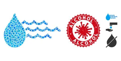 Collage Water Icon of Tuberous Elements with Coronavirus Distress Alcohol Seal 库存插图