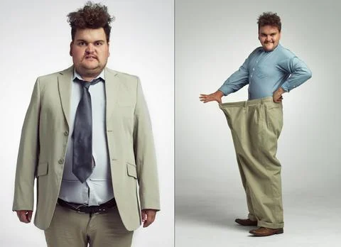 Collage, weight loss and progress of man for transformation, diet and detox with Stock Photos