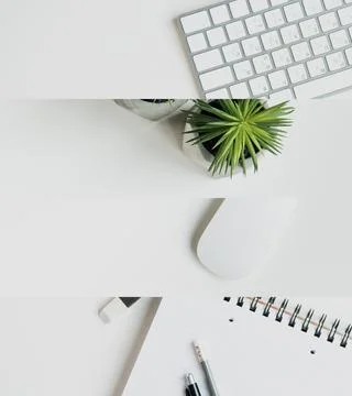Collage white workplace plant computer Fotos Stock