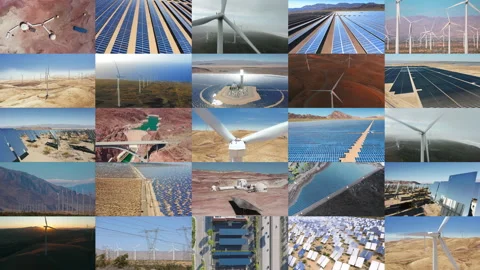 Collage with windmills solar panels plants developing energy on deserted planet Stock Footage 266601831