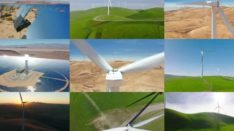 Collage with windmills solar panels plants developing energy from sun and wind Video stock 266607823