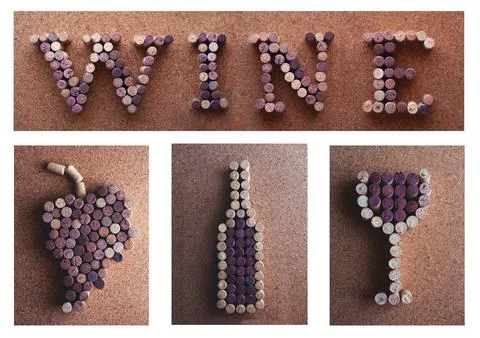 Collage of wine corks, bottle, grapes, glass, word wine. Stock Photos