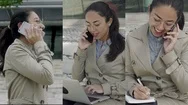 Collage Of Woman Working On Laptop And On Phone, Making Notes Stock Footage