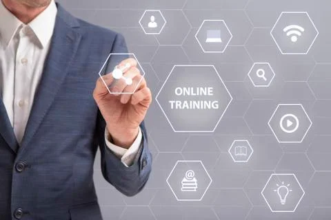 Collage with words ONLINE TRAINING, e learning pictograms and businessman pre 写真素材