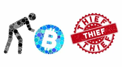 Collage Worker Roll Bitcoin with Scratched Thief Seal Stock Illustration