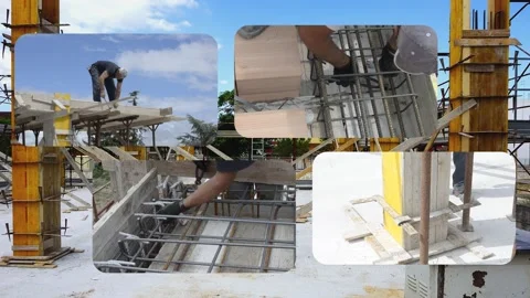 Collage worker using steel wire and pincers to secure rebar before concrete i 動画素材 147058075