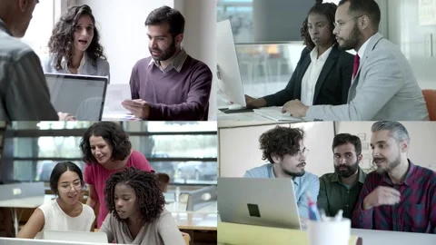 Collage of workers discussing project and using computer Video stock 132943282