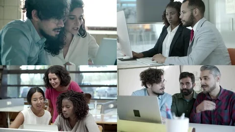 Collage of workers discussing project with client Stock Footage 132942889