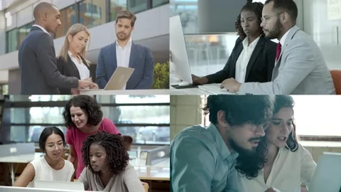 Collage of workers talking with boss and using computer Video stock 132942209