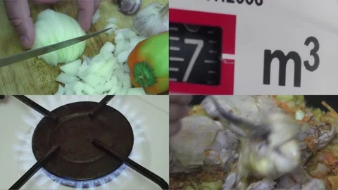 Collage of working gas counter, burning gas burner and cooking, expensive ga Vídeos de archivo 222297789