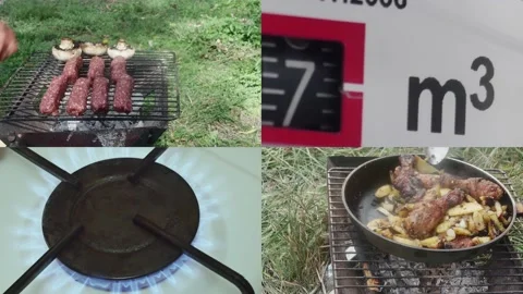 Collage of working gas counter, burning gas burner and gas replacement alter Видео 222298008