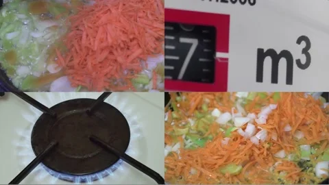 Collage of working gas meter, hot gas burner, and cooking Vídeos de archivo 222298010