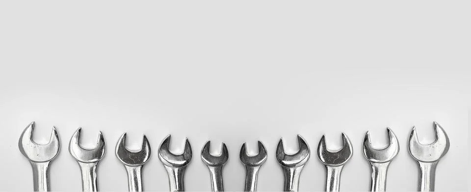 Collage with wrenches on white background Stock Photos