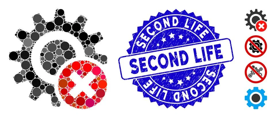 Collage Wrong Settings Gear Icon with Grunge Second Life Seal 스톡 일러스트