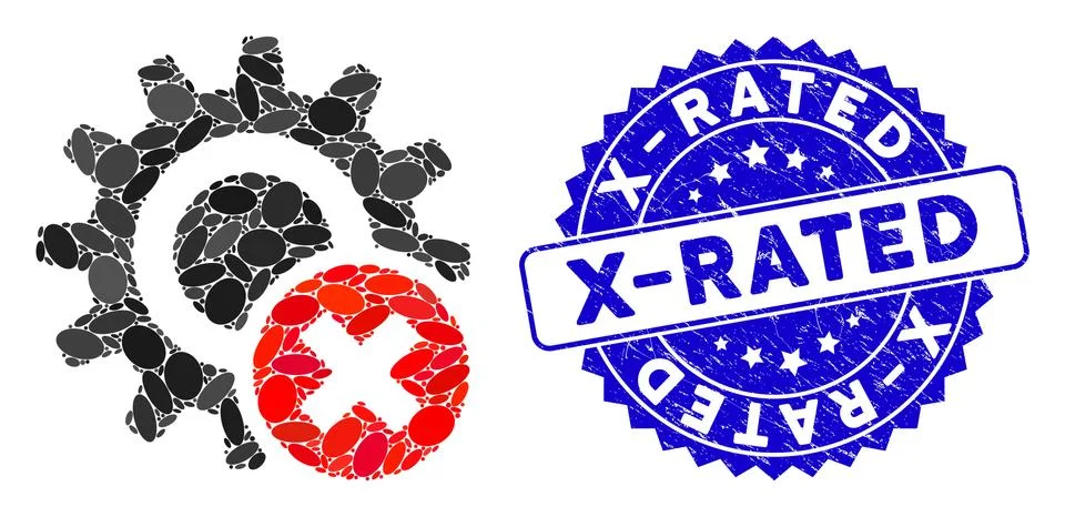Collage Wrong Settings Gear Icon with Distress X-Rated Seal 스톡 일러스트