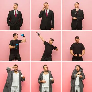 Collage of young man in different type of occupation isolated on pink background Stock Photos