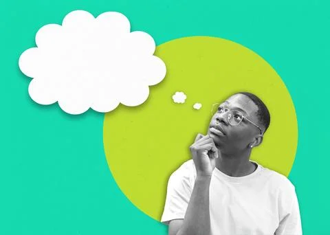 Collage with a young man thinking, concept thought process, mind, ingenuity and Stock Photos