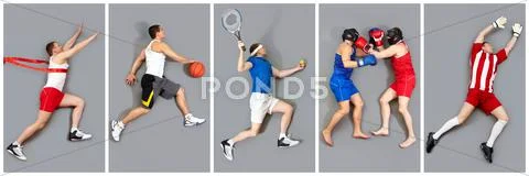 Collage of young men in different sports activities Stock Photos