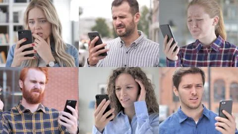 The Collage of Young People in Shock while Using Smartphone Stock Photos
