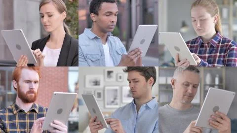 The Collage of Young People Using Tablet Stock Photos