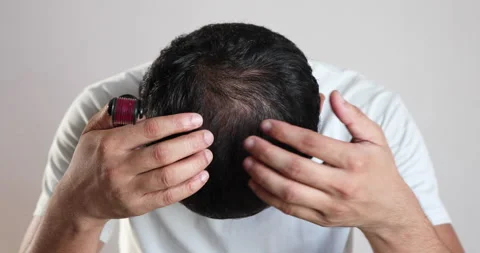 Collagen induction therapy, Using dermaroller on bald area improve hair Stock Footage 192750129