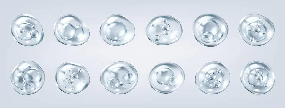 Collagen molecules floating in transparent bubbles icons set Stock Illustration