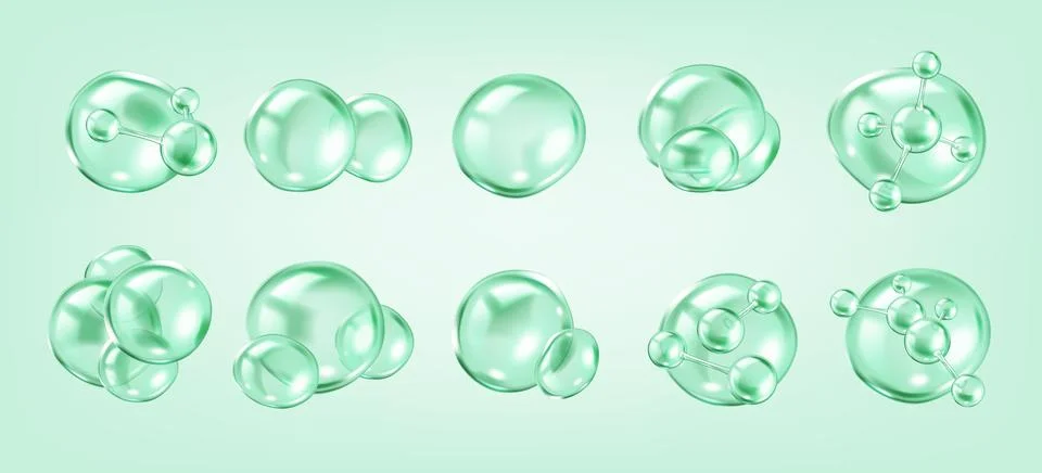 Collagen molecules inside transparent bubbles color icons Stock Illustration