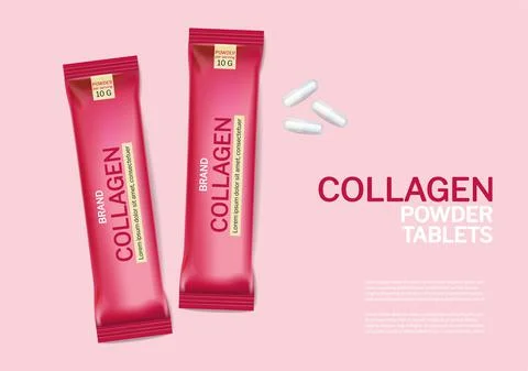 Collagen tablets Vector realistic mock up. Product packaging label designs Stock Illustration