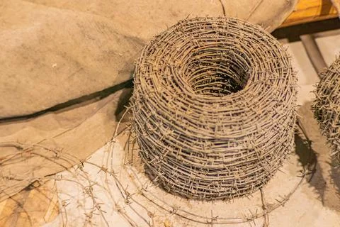 Collages on the theme of Auschwitz concentration camp. barbed wire on the wal Foto stock