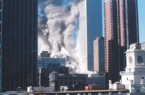 Collapse of the first tower of the World Trade Center on 9/11 in NYC Stock Photos