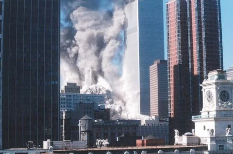Collapse of the first tower of the World Trade Center on 9/11 in NYC Stock Photos
