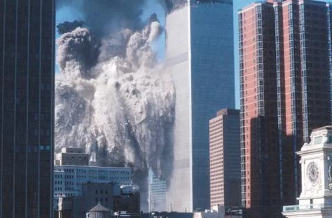 Collapse of the first tower of the World Trade Center on 9/11 in NYC Stock Photos