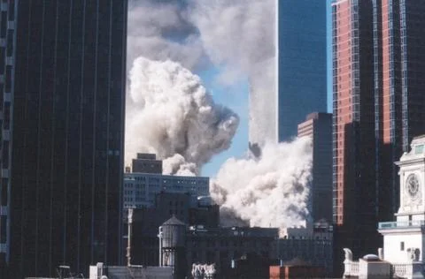Collapse of the first tower of the World Trade Center on September 11th in NYC Stock Photos
