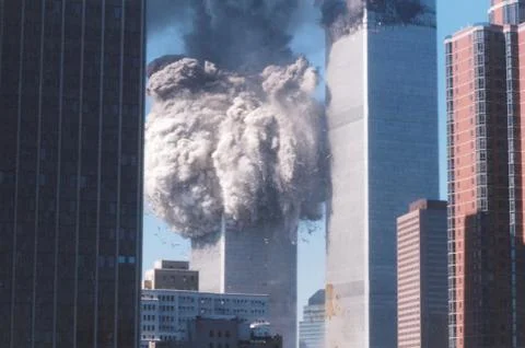 Collapse of the second tower of the World Trade Center in NY Stock Photos