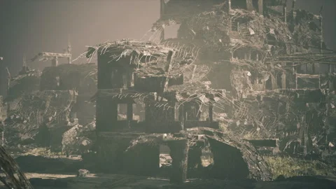 Collapsed structure amidst debris. Abandoned building with wreckage and dust Stock Footage 333555292