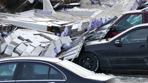 Collapsed structure on cars Stock Footage 105280331