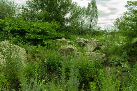 Collapsed wall on the outskirts of the forest Foto stock