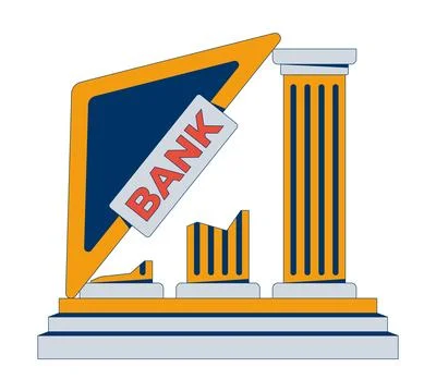 Collapsing bank structure with tilted sign, broken pillars 2D cartoon object Stock Illustration