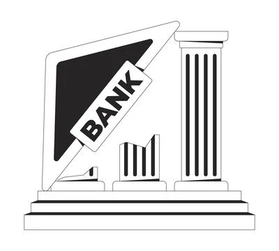 Collapsing bank structure with tilted sign, broken pillars 2D line object Stock Illustration